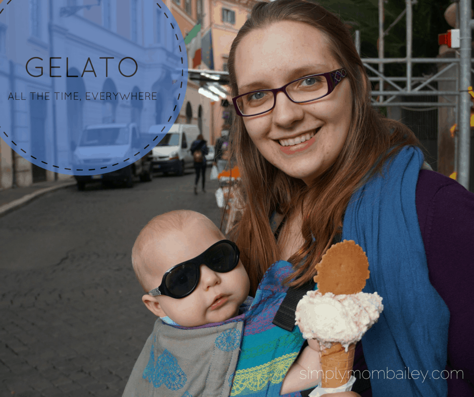 baby wearing mom with gelato in Rome, Italy